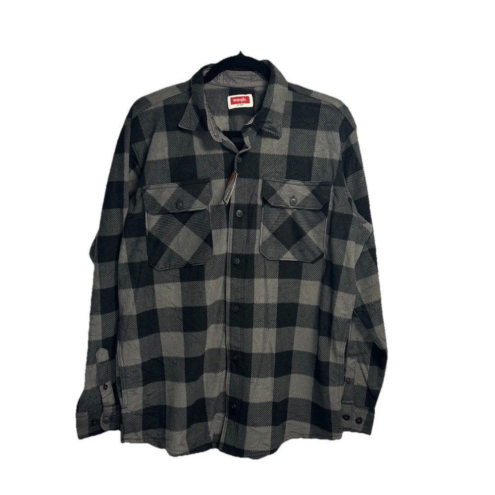 New Wrangler Fleece Shirt Mens Medium Gray Plaid Flannel Button Up Flap Pockets‎